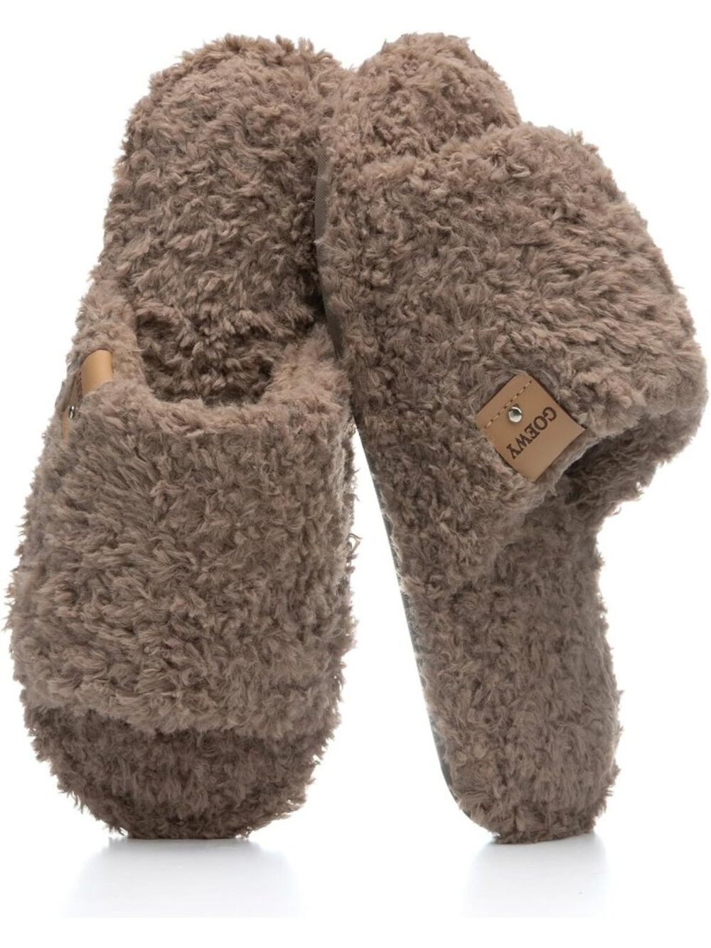 Women's Brown Memory Foam Open Toe Soft Faux Fur Non Slip Washable Slippers